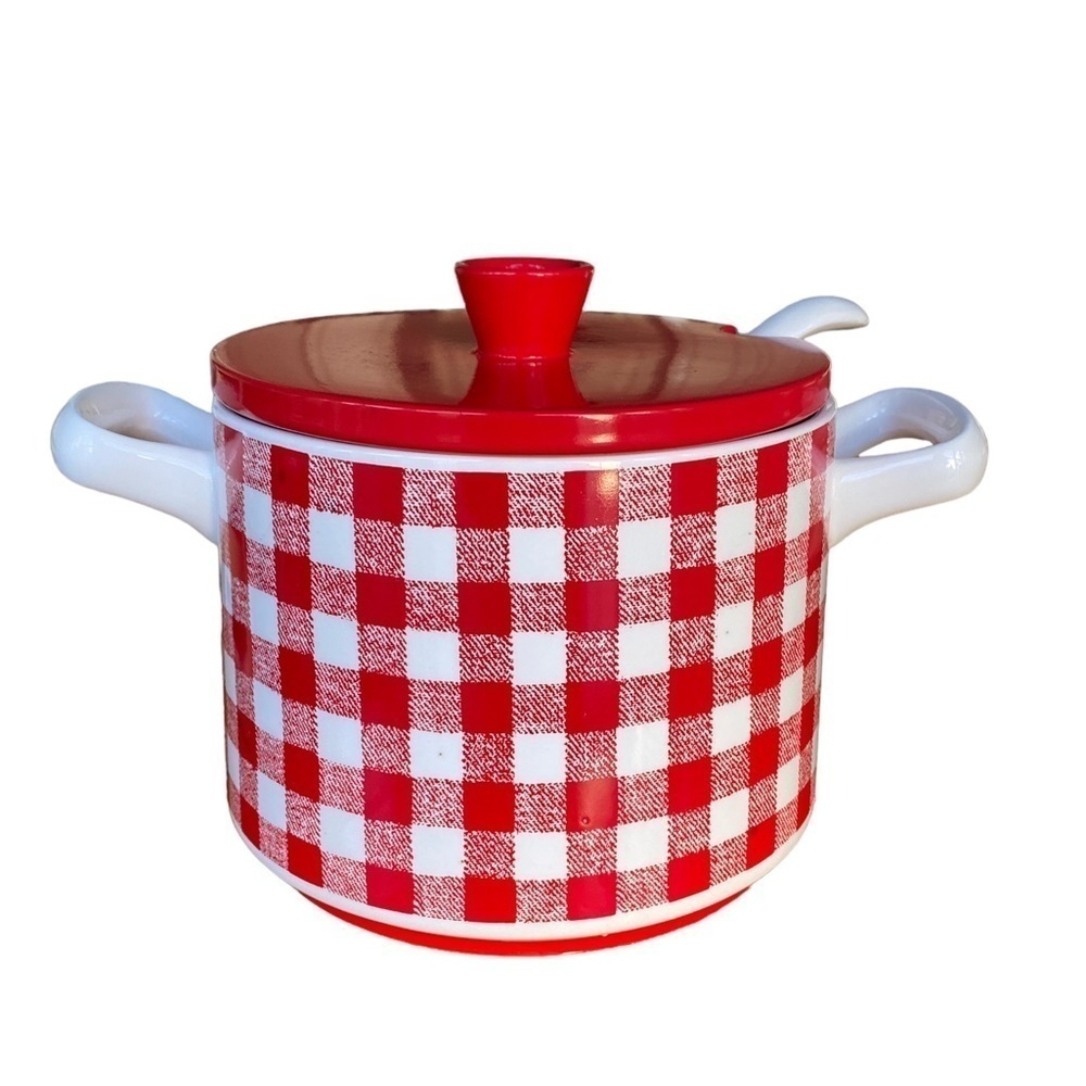 Nagoya Japan Gingham Red and White Ceramic Rice Pot w/Lid & White Ceramic Spoon